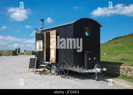 Black hut used as a cafe in the car park at Moel Famau country park, North Wales, UK. Stock Photo