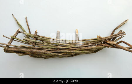 Piece of decaying woven willow on white background Stock Photo