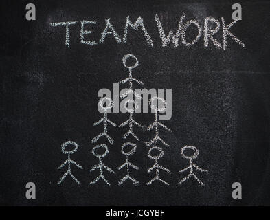 Human team pyramid and teamwork word drawn, written with white chalk on blackboard Stock Photo