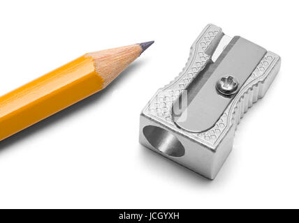 Metal Pencil Sharpener and Pencil Isolated on White Background. Stock Photo