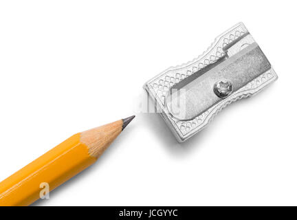 Metal Pencil Sharpener and Pencil Isolated on White Background. Stock Photo