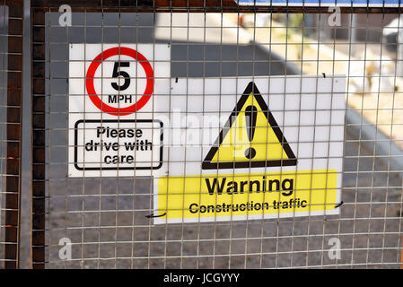 Maximum speed drive with care building site warning information sign in Sutton Road, Southend on Sea, Essex. Sign board Stock Photo