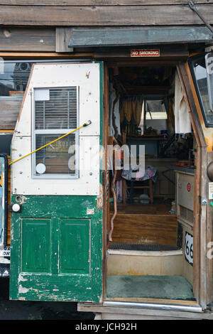 Artist Bob Waldmier's 'Road Yacht', where he lived when not traveling in his VW Bus, is part of the exhibit at the Rte 66 Museum in Pontiac Illinois Stock Photo