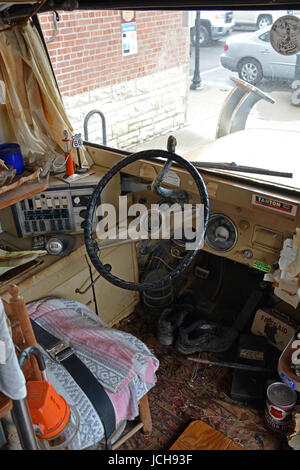 Artist Bob Waldmier's 'Road Yacht', where he lived when not traveling in his VW Bus, is part of the exhibit at the Rte 66 Museum in Pontiac Illinois Stock Photo