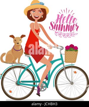 Beautiful girl on bike. Perfect getaway, vacation, journey icon. Cartoon vector illustration Stock Vector