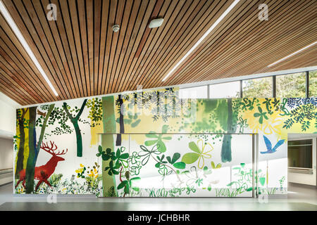 Mural in Physiotherapy area by Lara Harwood. Lane Fox REMEO Respiratory Centre, Redhill, United Kingdom. Architect: Murphy Philipps, 2014. Stock Photo