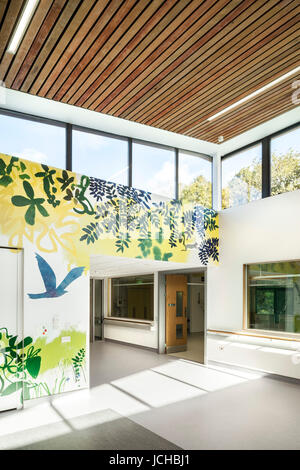 Mural in Physiotherapy area by Lara Harwood. Lane Fox REMEO Respiratory Centre, Redhill, United Kingdom. Architect: Murphy Philipps, 2014. Stock Photo