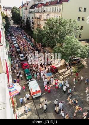 Wroclaw, POLAND - June 15, 2017: Religious procession at Corpus Christi Day in one of the suburban districts of Wroclaw. June 15, 2017. Wroclaw, Polan Stock Photo