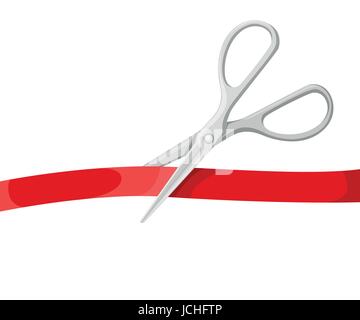 Grand Opening celebrities illustration with silver scissors and red ribbon on white background Stock Vector