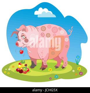 Vector illustration funny cartoon pig stands on a meadow and eats the apples isolated image on white background Stock Vector