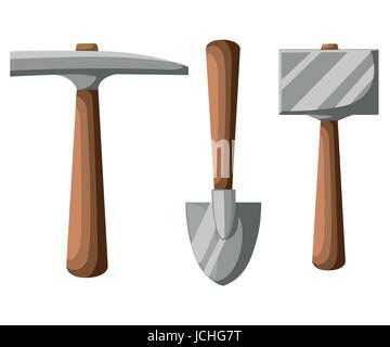 Pick shovel Mining tools, shovel and pickaxe vector illustration isolated on white. Stock Vector