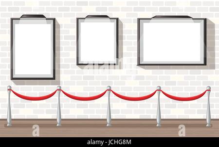Three realistic empty picture frames with stanchion museum exhibition background vector illustration. Stock Vector
