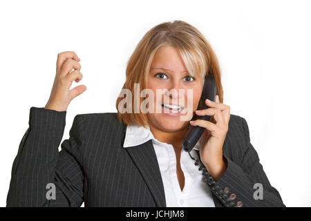 Young woman talking on telephone - isolated on white background Stock Photo