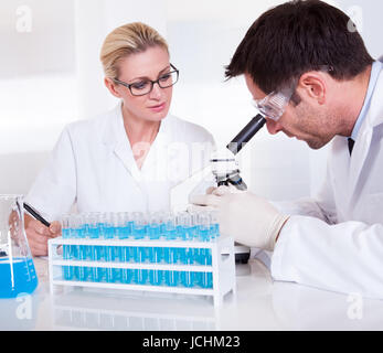 Technicians or medical staff in a laboratory working with test tubes in a rack reading samples under the microscope and recording results Stock Photo