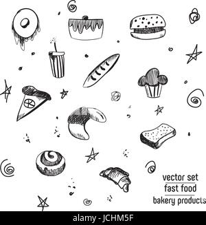 Hand Drawn bakery and fast food icon set. Blackboard stickers with chalk design. Vector illustration. Donut, soda, pizza and burger, cake, cupcake, baguette and Croissant for cut out. Stock Vector