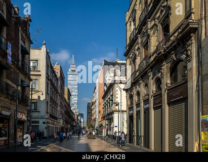 Pedestrian street in Mexico City downtown with Latinoamericana Tower on background - Mexico City, Mexico Stock Photo