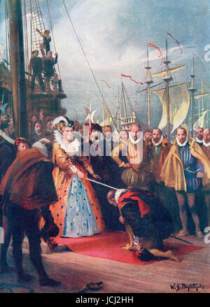 Queen Elizabeth I knighting Sir Francis Drake on board The Golden Hind at Deptford 4th April, 1581. Elizabeth I,aka The Virgin Queen, Gloriana or Good Queen Bess, 1533 –  1603.  Queen of England and Ireland. Sir Francis Drake, vice admiral, c. 1540 –  1596.  English sea captain, privateer, navigator, slaver, and politician.   After the painting by W.S. Bagdatopoulus(1888-1965).  From Hutchinson's History of the Nations, published 1915.