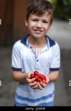 Happy little caucasian boy holding cherries in hands outdoor Stock Photo