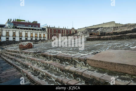 Aztec Temple (Templo Mayor) and serpent head at ruins of Tenochtitlan - Mexico City, Mexico Stock Photo