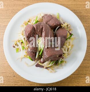 Chinese Traditional Food, Stir Fried Bean Sprout with Congealed Pork Blood, Pork Blood Pudding or Pig Blood Curd. Stock Photo