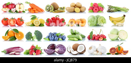 Fruits and vegetables collection isolated orange apple berries bananas fresh fruit on a white background Stock Photo