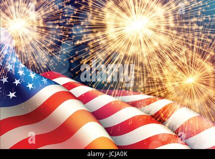 Fireworks background for 4th of July Independense Day with american flag. Vector illustration Stock Vector