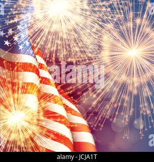 Fireworks background for 4th of July Independense Day with american flag. Vector illustration Stock Vector