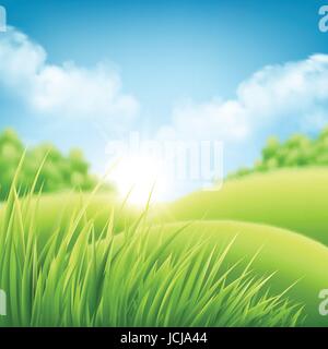 Summer nature sunrise background, a landscape with green hills and meadows, blue sky and clouds. Vector illustration Stock Vector