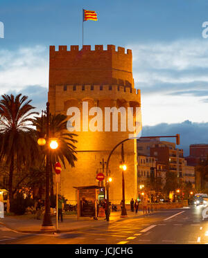 VALENCIA, SPAIN - NOV 06, 2016: Serrano Towers (Torres de Serranos) at twilight. Towers are located on Plaza de los Fueros in Valencia, Spain Stock Photo