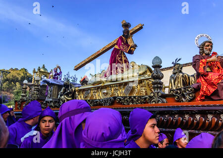 Antigua, Guatemala - March 15, 2015: Locals reenact biblical scenes during Lent procession in colonial town with famous Holy Week celebrations Stock Photo