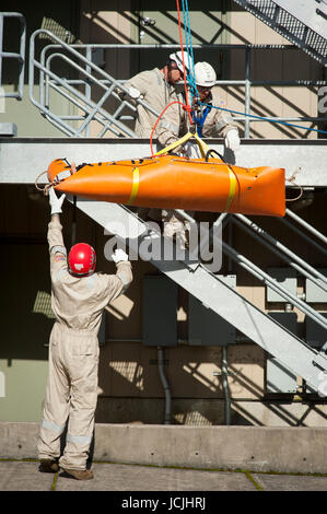 Crews practice trench, pipe, tunnel and confined space rescue at an industrial site. Stock Photo