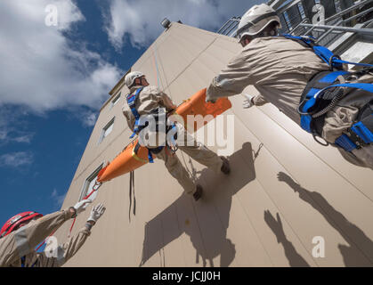 Crews practice high angle rescue at a public training facility at an industrial site in Oregon using ropes, litters and rappelling techniques. Stock Photo