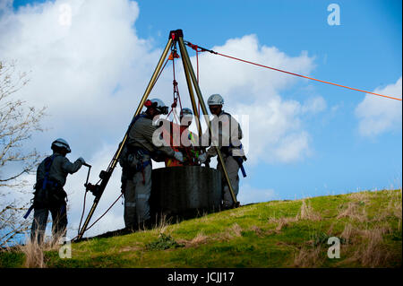 Crews practice trench, pipe, tunnel and confined space rescue at an industrial site. Stock Photo