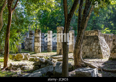 The columns in the Thousand Warriors Temple complex at Chichen Itza Mayan Ruins - Yucatan, Mexico Stock Photo