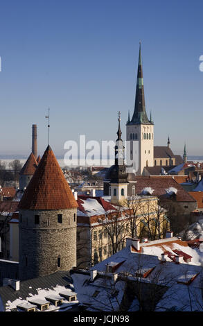 All-linn, or the Lower Town, from the Patkuli Vaateplats viewpoint, Toompea, Tallinn, Estonia: city towers and walls, and the spire of Oleviste Kirik Stock Photo