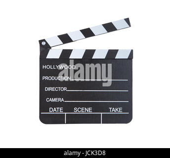 Close-up of a classical movie clapper ready to record a new Hollywood production  with blank spaces for director  camera  date  scene and take  isolated on white background Stock Photo