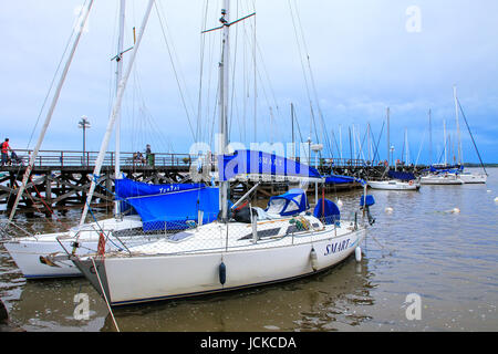 Sailboats anchored at the port in Colonia del Sacramento, Uruguay. It is one of the oldest towns in Uruguay Stock Photo