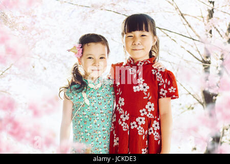 Portrait of two adorable little asian sisters with abstract blured cherry blossoms or sakura flower tree background . Springtime. Stock Photo