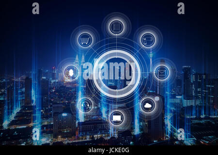 City scape and online shopping network connection concept . Stock Photo