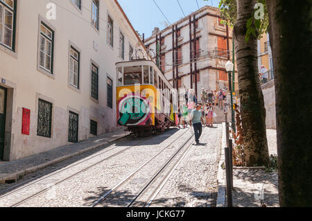 LISBON, PORTUGAL - AUGUST 23: The Gloria Funicular is a funicular that links Baixa with Bairro Alto districts in Lisbon on August 23, 2014. The Gloria Funicular was opened to the public on October 24, 1885 Stock Photo
