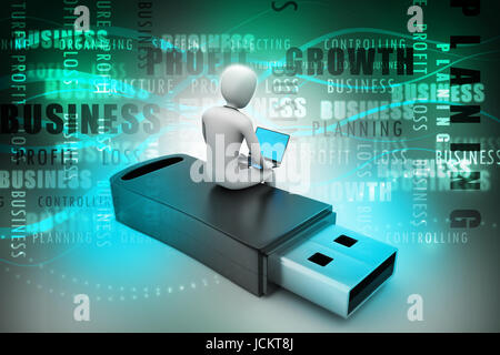 3d man and laptop sitting usb Stock Photo