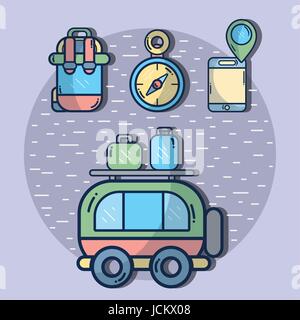 van with backpack and compass with smartphone ubication Stock Vector