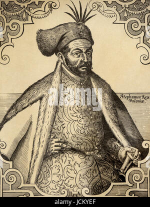 Stephen Bathory (1533-1586). King of Poland and Grand Duke of Lithuania. Engraving. Ch. Barousse Printers of Lithographs, 19th century. After Jost Amman. 1539-1591. Stock Photo