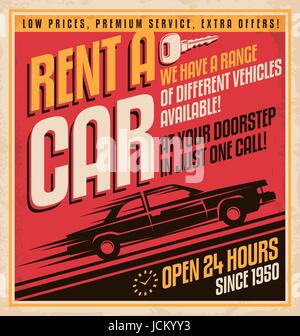 Rent a car retro poster design on old paper texture. Transportation vintage flyer design with classic car side view silhouette on red background. Stock Vector