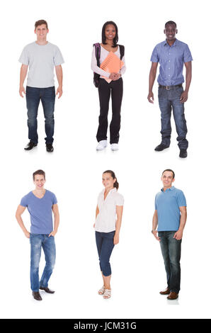Collage of multiethnic fashion models and student over white background Stock Photo