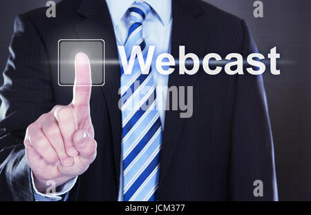 Midsection of businessman pressing Webcast button on virtual screen Stock Photo