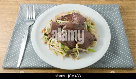 Chinese Traditional Food, Stir Fried Bean Sprouts with Pig Blood Curd, Congealed Pork Blood or Pork Blood Pudding. Stock Photo