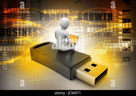 3d man and laptop sitting usb Stock Photo