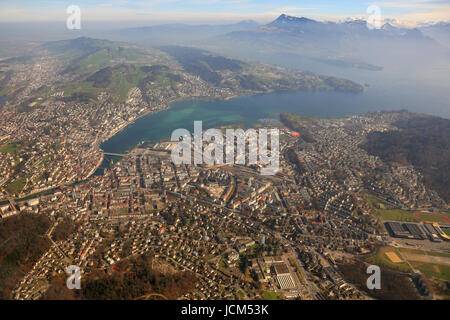 Lucerne Alps panorama overview mountains Luzern Switzerland town City aerial view photography photo Stock Photo