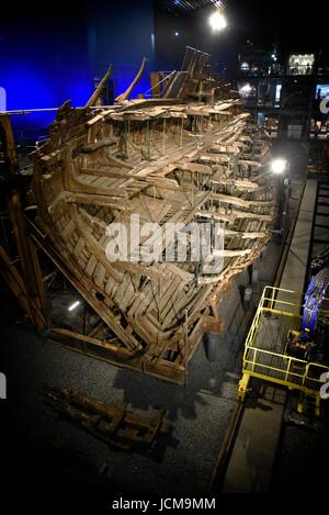 The Mary Rose is a carrack-type warship of the English Tudor navy of King Henry VIII. Shipwrecked after 33 years service, now conserved at Portsmouth. Stock Photo